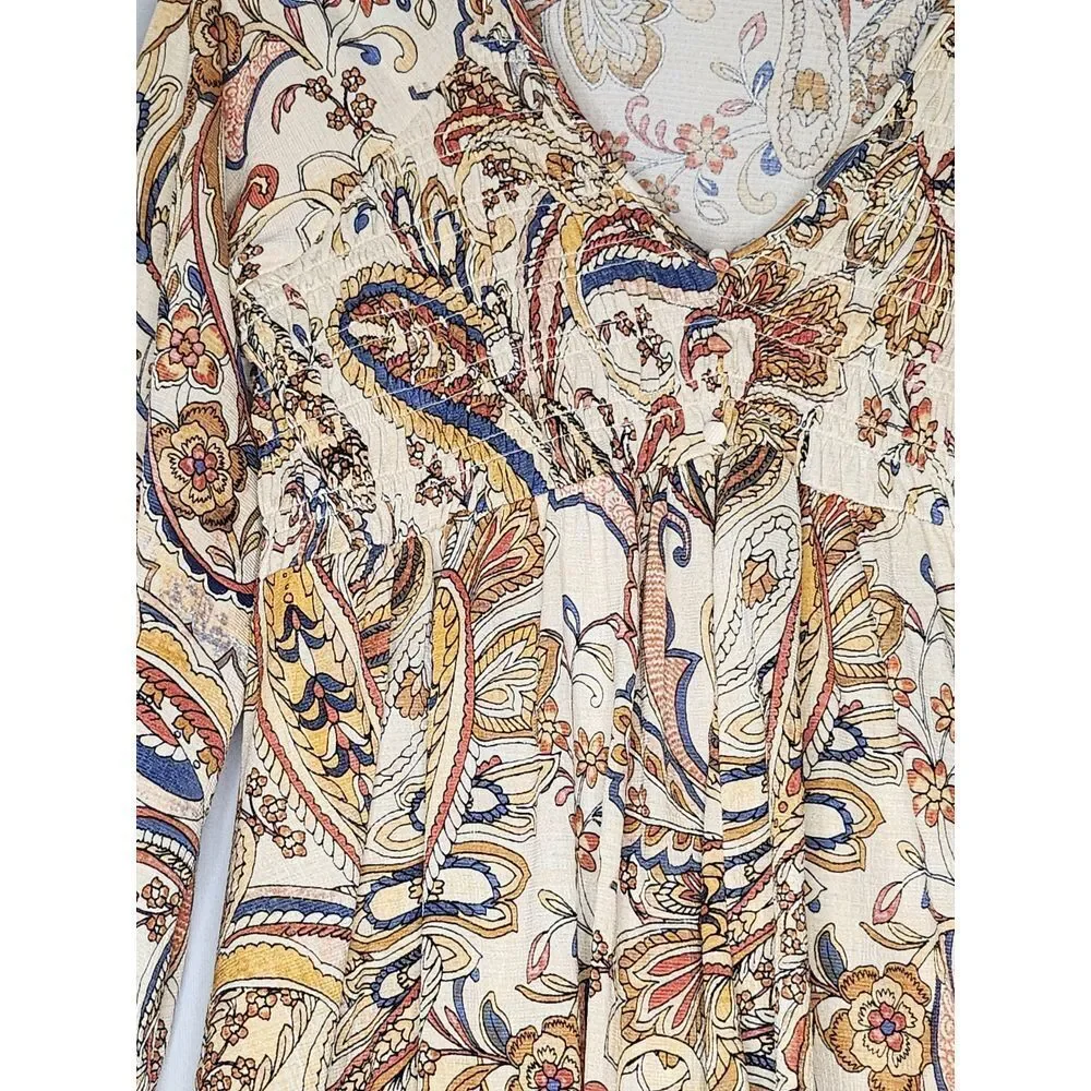 Melloday Anthropologie Mini Dress Paisley Small‎ Boho Style Long sleeve popover
